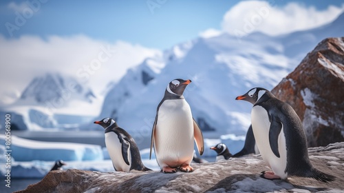 Gentoo Penguins on Antarctic Shoreline. photo