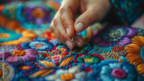 A woman embroidering a colorful design onto fabric, creating intricate patterns with needle and thread in a traditional handicraft. photo