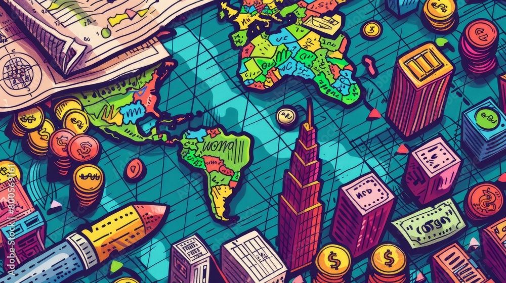 A colorful illustration of the world map with money, skyscrapers, and other symbols of global business and finance.