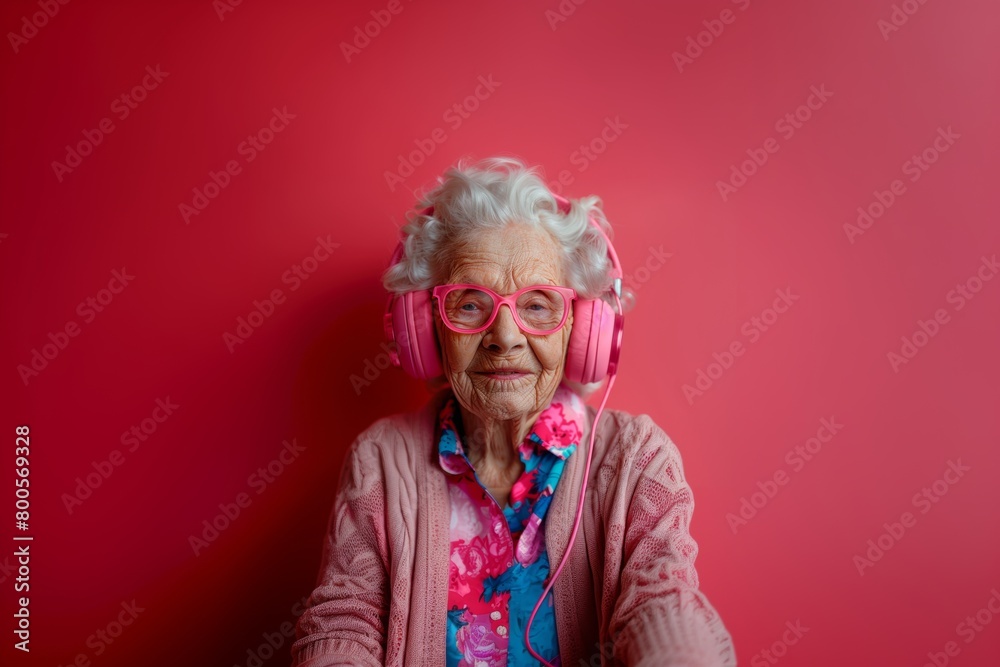 Senior woman in pink headphones against red background Senior woman in pink headphones against red background