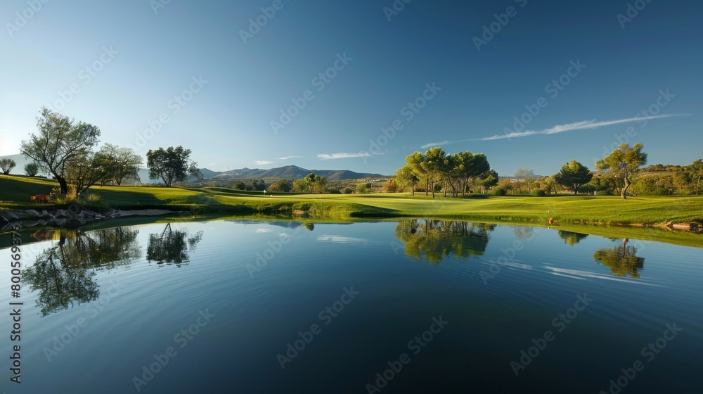 A serene lakeside golf course, the tranquil waters mirroring the golfer's graceful swing under a clear blue sky.
