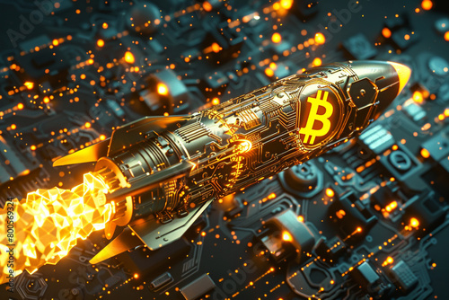 A dynamic 3D image of a Bitcoin rocket launching into cyberspace 