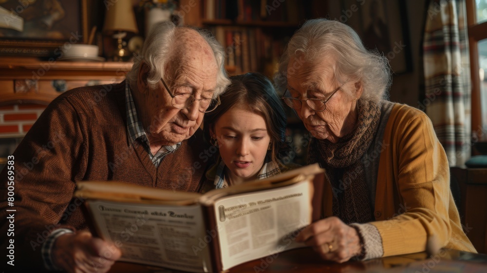 An elderly couple reviewing their life insurance policy with their adult children, ensuring that their legacy and financial affairs are in order. An elderly couple reviewing their life insurance policy with their adult children, ensuring that their legacy and financial affairs are in order.