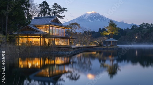 A serene lakeside retreat with Mount Fuji reflected in the calm waters, offering a tranquil escape from the hustle and bustle of city life.