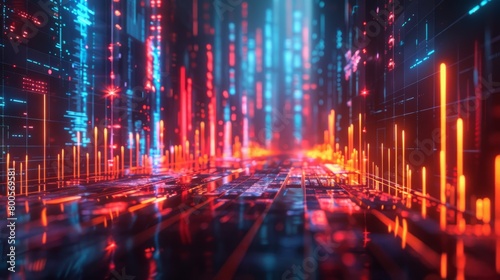 A futuristic city street with glowing red and blue lights.