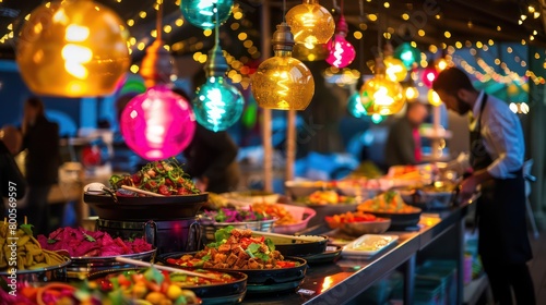 banner with a festive food event, very colorful and shinny lights © Dekastro