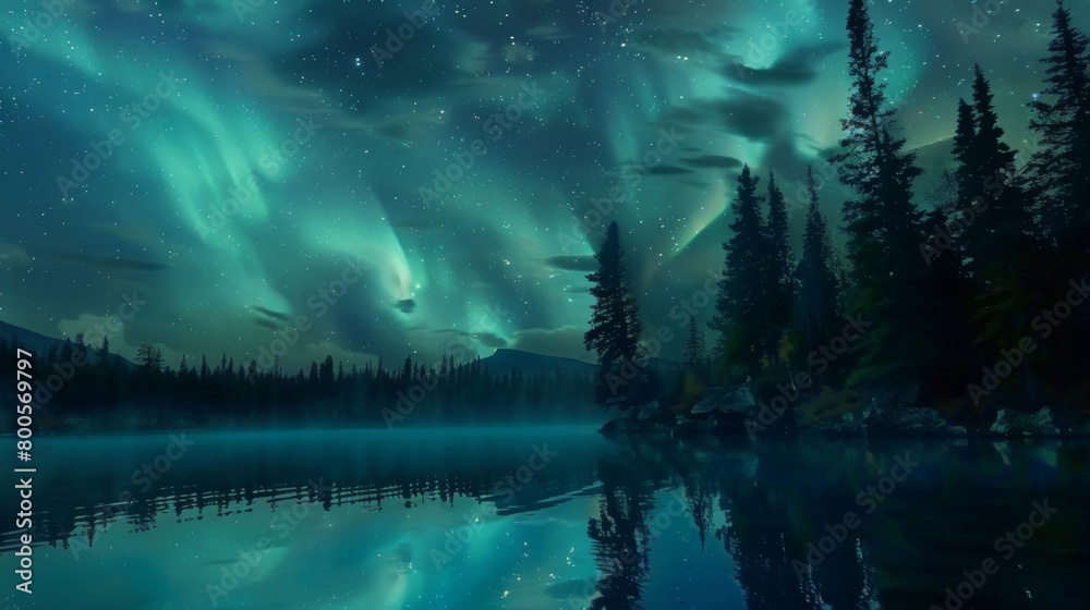 A serene lakeside scene with the northern lights reflecting in the still waters, doubling the magic of the celestial display.