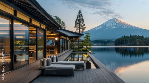 A serene lakeside retreat with Mount Fuji reflected in the calm waters, offering a tranquil escape from the hustle and bustle of city life.
