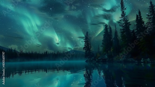 A serene lakeside scene with the northern lights reflecting in the still waters, doubling the magic of the celestial display.