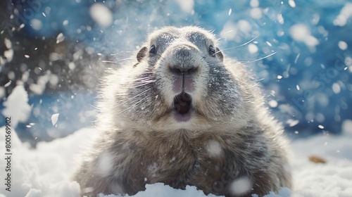 Groundhog covered in snow on Groundhog Day. photo