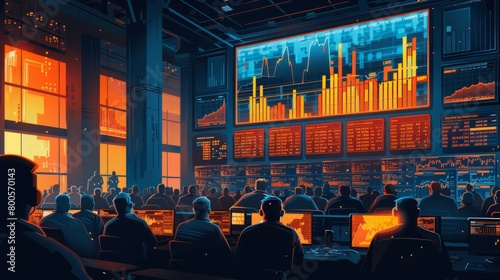 A group of stock traders work at their desks in a large trading room.