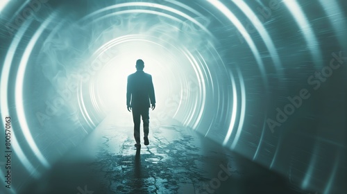 Journey to Innovation: Silhouette of a Businessman Walking Through an Abstract Portal of Light 