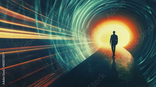 Journey to Innovation: Silhouette of a Businessman Walking Through an Abstract Portal of Light 