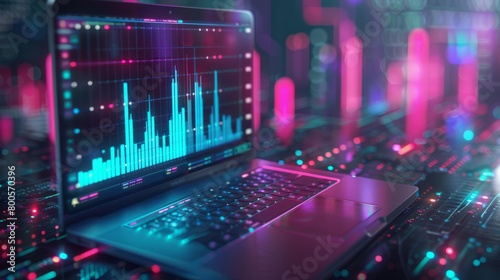 A laptop with a glowing screen displaying a financial graph and a futuristic background with glowing lines and shapes.