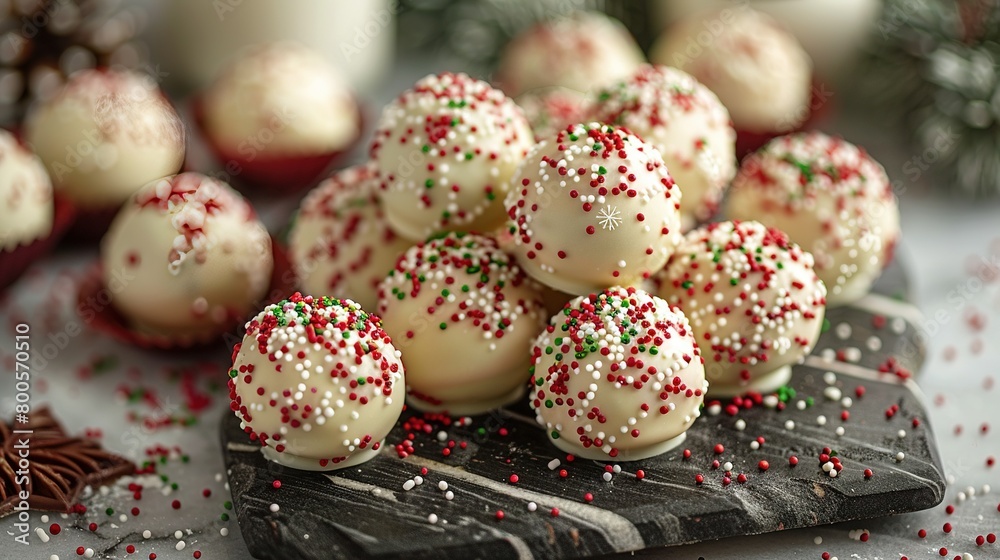 Obraz premium A white chocolate-covered donut stack on a cutting board with red and green sprinkle piles nearby