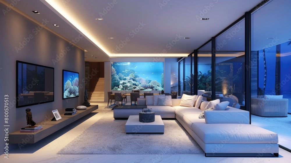 sleek, modern living room with a large, integrated wall aquarium that brings a tranquil underwater scene into the space sleek, modern living room with a large, integrated wall aquarium that brings a tranquil underwater scene into the space