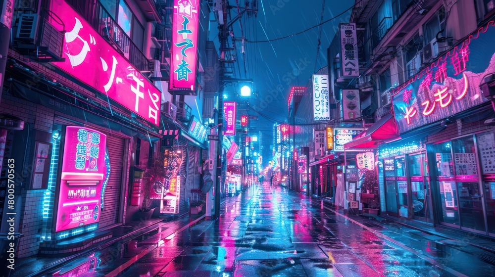 A moody and atmospheric shot of a narrow city street immersed in the glow of neon lights on a rainy night