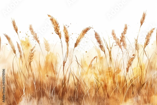 watercolor wheat field, white background, light beige and gold colors Generative AI