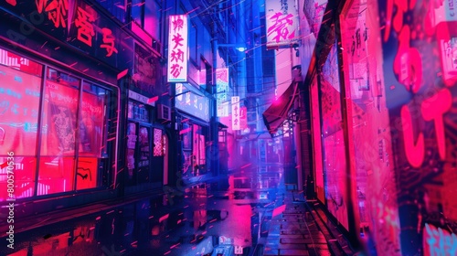 An evocative image capturing a wet alley bathed in neon lights, reflecting a contemporary urban night scene photo