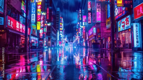 This image portrays a saturated cyberpunk scene of a commercial street at night with shining neon reflections