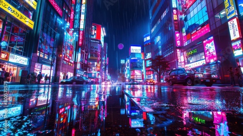 The vibrant hustle of city life captured on a rainy night  highlighted by the glow of neon lights and reflections
