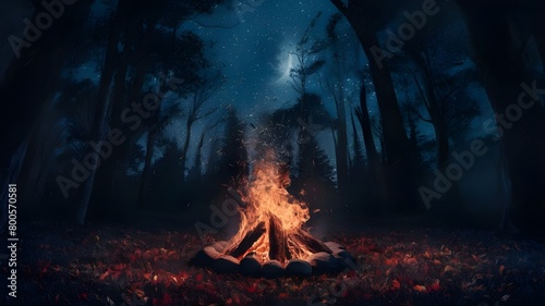 A fire with a full moon and a forest in the background.