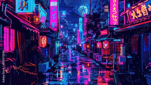 A detailed cyberpunk illustration featuring a neon-lit urban street after rainfall with reflections on the wet surface
