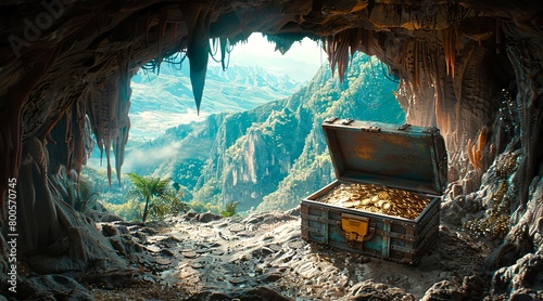 A wooden treasure chest filled with gold coins and jewels sits in a dark cave. photo