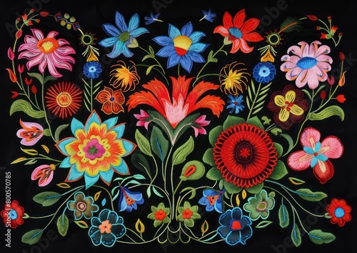 A vibrant composition of embroidered flowers and foliage on a black background partially obscured by a grey square