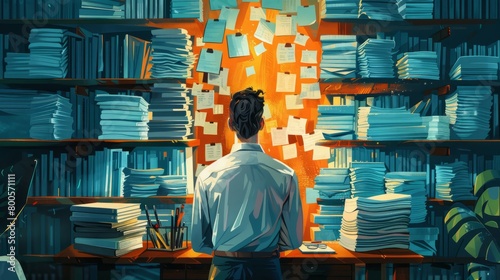 A man standing in a library, surrounded by books and papers.