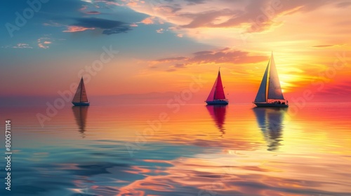 A serene sunset scene with colorful sailboats gliding across calm waters, a tranquil moment of beauty and relaxation.