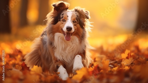 Happy dog on Autumn nature background, wide web banner. Autumn activities for dogs.