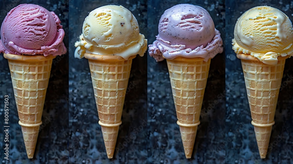   Four cones in a row, different flavors of ice cream, black background