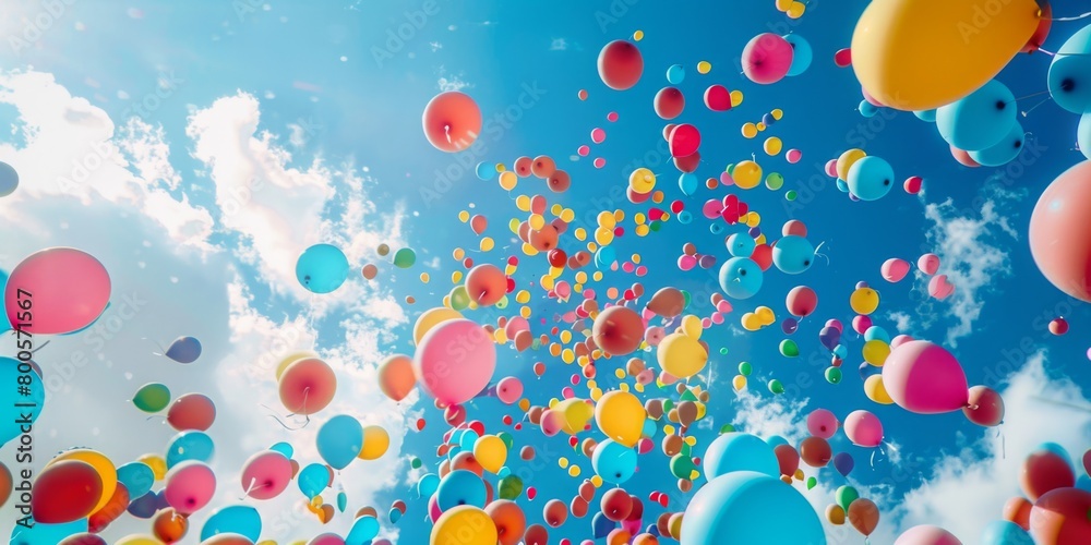 colorful balloon floating up in the air blue sky. colorful balloon floating up in the air blue sky.