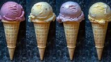   Four cones in a row, different flavors of ice cream, black background