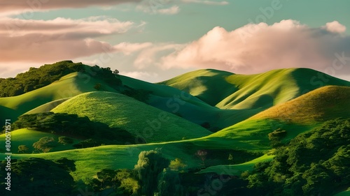 A green hill with a green hill and a pink sky.