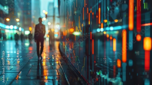 A man walks alone at night past a large digital display of stock market data.
