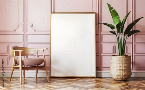 Single vertical ISO A1 frame mockup, mockup poster on the floor of living room. Interior mockup. Apartment background. Modern interior design. 3D render, photo, 3d render