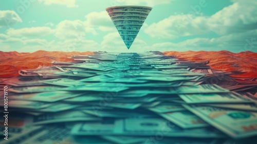 A photo of a large funnel hovering over a sea of money. photo