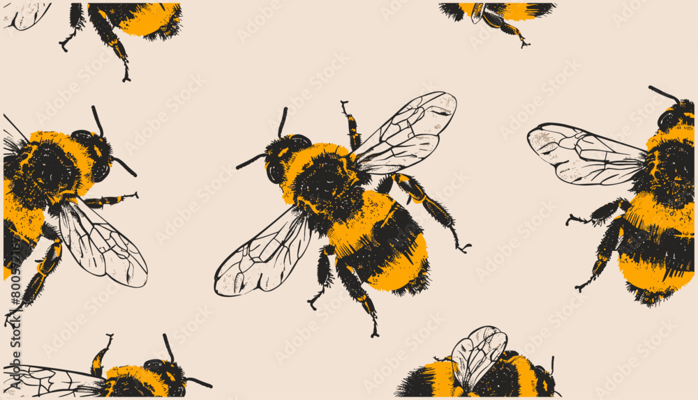 vector illustration of black and yellow bugs flying puffy bumblebees or bees in a spring and summer insects concept, seamless pattern background,  Insects, nature, whimsical, cute, vibrant.