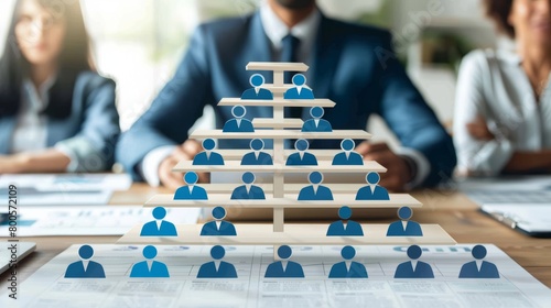 A pyramid of wooden figures representing a corporate hierarchy with a diverse group of business professionals in the background photo