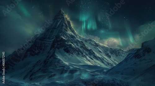 A snow-covered mountain peak with the northern lights shimmering above, creating a surreal and breathtaking vista.