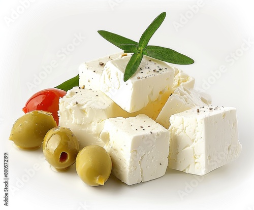 Fresh Feta Cheese Cubes with Olives and Tomato on White photo