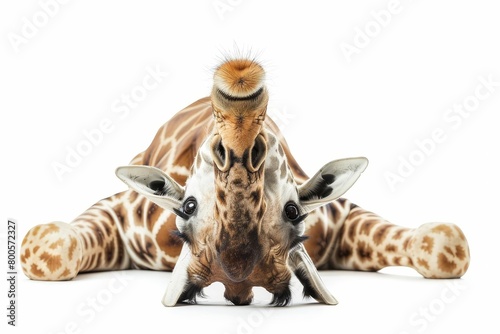 curious giraffe tilting head upside down comical pose isolated on white