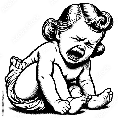 intense emotion of a crying baby  with detailed expression and classic styling sketch engraving generative ai fictional character PNG illustration. Scratch board imitation. Black and white image.