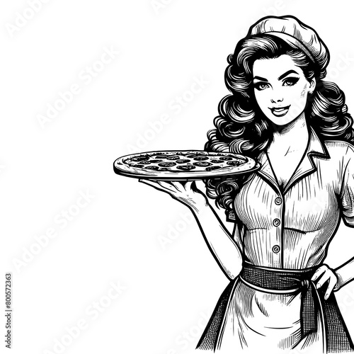 Pin-up vintage waitress in classic uniforms, with pizza sketch engraving generative ai fictional character PNG illustration. Scratch board imitation. Black and white image. © Oleksandr Pokusai