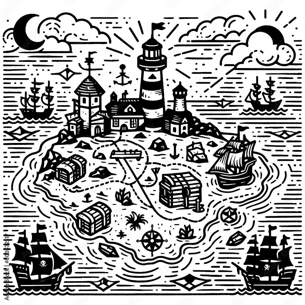 classic pirate treasure map featuring sailing ships, palm trees, and compass roses sketch engraving generative ai PNG illustration. Scratch board imitation. Black and white image. classic pirate treasure map featuring sailing ships, palm trees, and compass roses sketch engraving generative ai PNG illustration. Scratch board imitation. Black and white image.