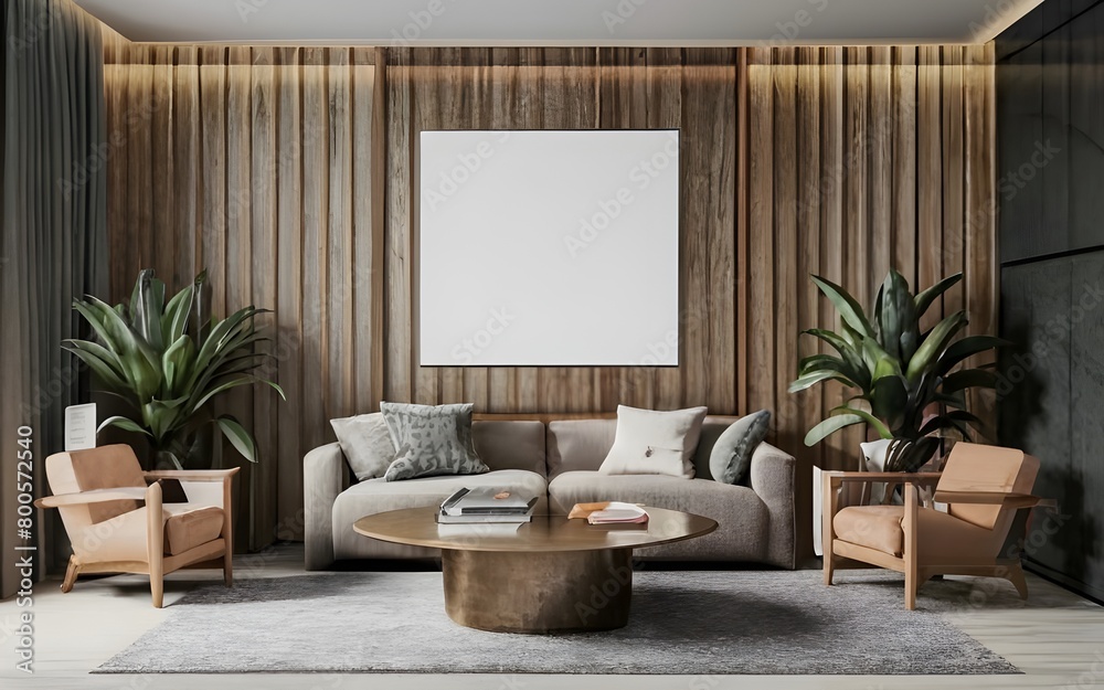 Fototapeta premium Frame mockup, ISO A paper size. Living room wall poster mockup. Interior mockup with house background. Modern interior design. 3D render, photo, 3d render, stock photo, stock images 