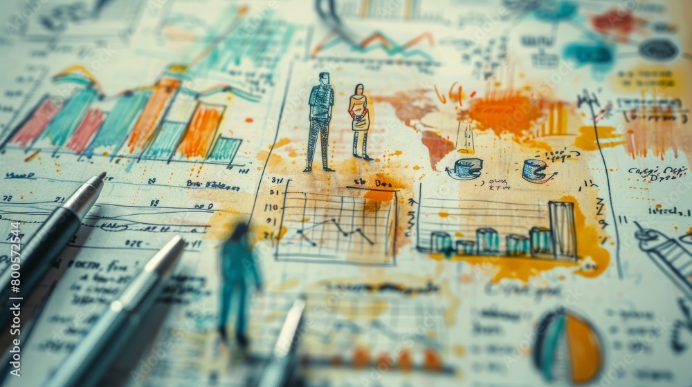 A watercolor painting of a business plan with two people standing on it. A watercolor painting of a business plan with two people standing on it.