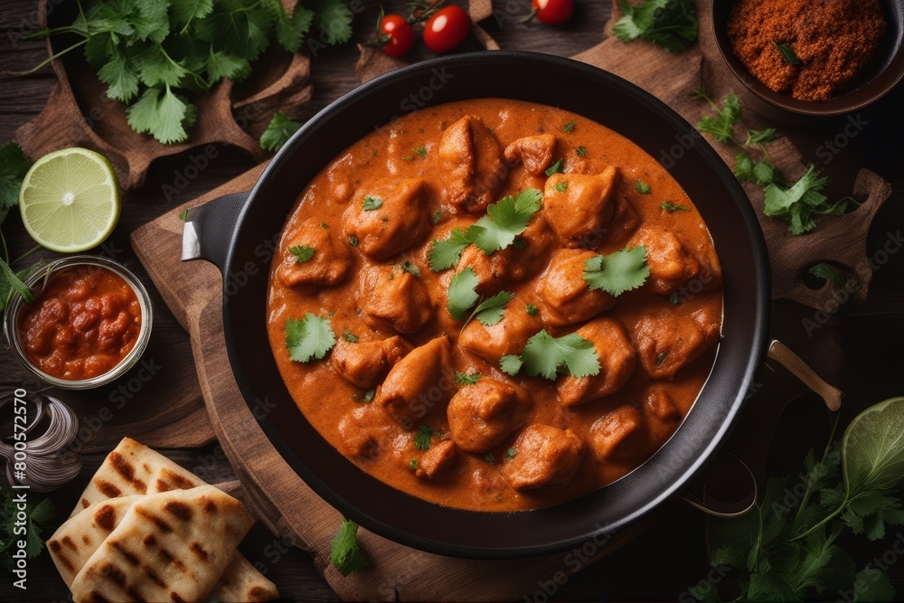 'chicken tikka masala traditional sh indian cuisine top view meat poultry turkey fillet breast slice cut cooked prepared tomatoes sauce cream savoury spicey curry cilantro cinnamon stew braised fried'